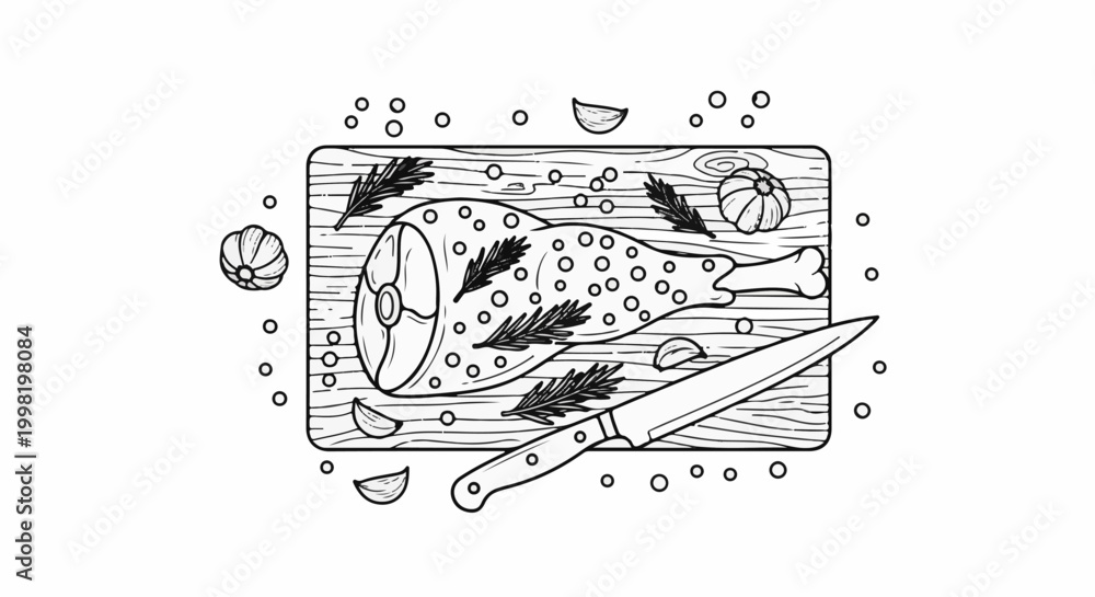 Obraz premium Seasoned meat leg with herbs, garlic, and knife on cutting board