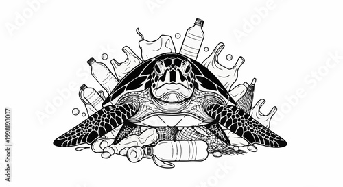 Sea turtle entangled in plastic waste, symbolizing ocean pollution