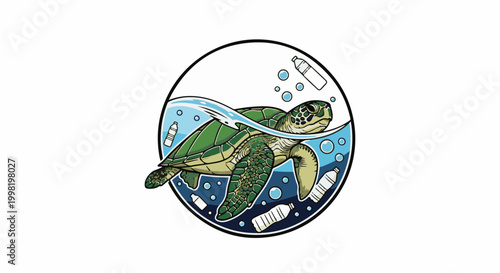 Sea turtle swims in polluted water with plastic bottles