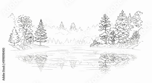 Serene forest and lake scene with trees reflected in calm water