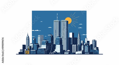 Pixelated cityscape features iconic skyscrapers against a bright blue sky