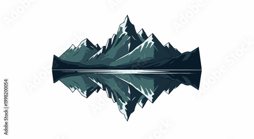 Pixelated mountain range reflected in a tranquil lake, white background