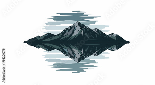 Pixelated mountain range reflected in calm water with abstract sky
