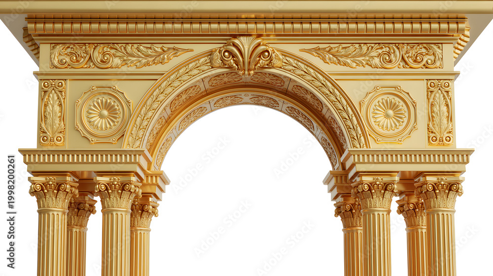 Fototapeta premium Luxurious Golden Archway with Corinthian Columns and Intricate Ornate Carvings, Regal Architectural Element, Baroque Style Decoration, Opulent Entrance, Classic Design, Elegant Facade Detail,