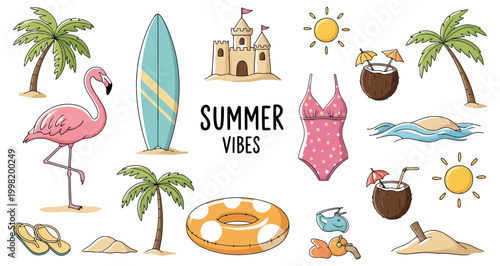 Tableau sur toile Summer vibes beach element vector set