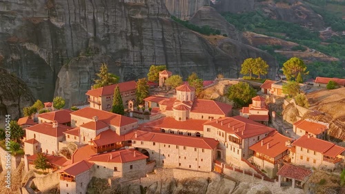 Aerial view of the Great Meteoron Monastery at Sunrise, Meteora, Greece