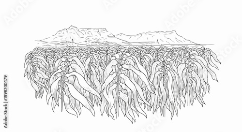 Overhead view of vast leafy plants with a mountainous horizon