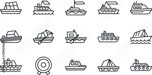 Collection of black line depicting various boats and a target on a white background, ship vessel watercraft