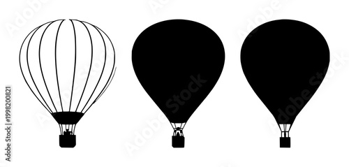 Hot air balloon set with solid black icon on white background featuring travel, adventure, aviation with vector and illustration