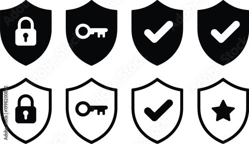 Security Shield Icon Set with Lock, Key, Check Mark, and Star Symbols, Protection, Privacy, and Safety Concept, Modern Vector Illustration for Mobile Apps, UI Design, and Cyber Security