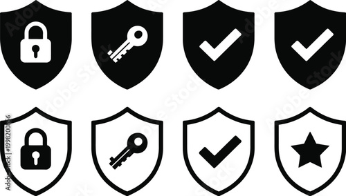Security Shield Icon Set with Lock, Key, Check Mark, and Star Symbols, Protection, Privacy, and Safety Concept, Modern Vector Illustration for Mobile Apps, UI Design, and Cyber Security