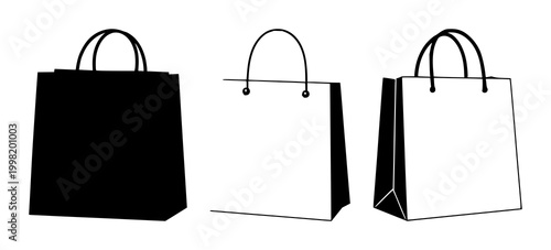Paper shopping bag set with solid black icon design featuring bag, shopping, retail with black and white and simple illustration
