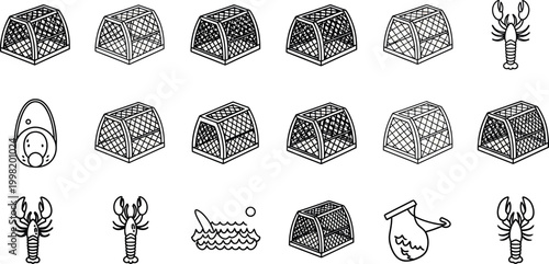 Collection of line lobster traps, lobsters, egg, shark fin in water, and net bag outline black and white