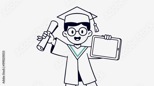 Happy cartoon graduate holding diploma and tablet, celebrating academic achievement.