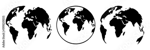 Shipping globe icon set with solid black silhouette on white background featuring shipping, worldwide, global with travel and navigation