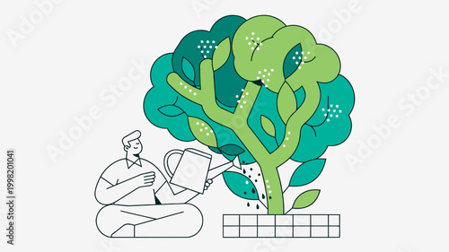 An illustration of a person watering a brain-shaped tree, symbolizing mental growth, learning, and nurturing ideas for personal development and well-being.