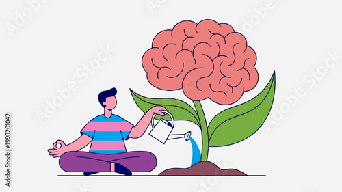 A person meditating and watering a plant with a brain as its flower, symbolizing mental growth, mindfulness, and nurturing the mind.