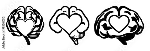 Mental health brain with heart set with solid black icon, white background featuring mental health, heart, icon design with illustration and vector