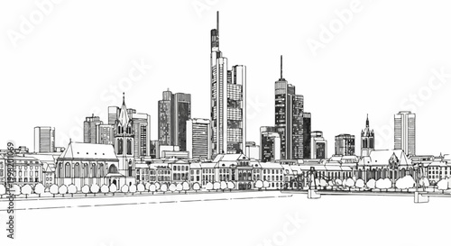 Panoramic black and white sketch of a modern city skyline