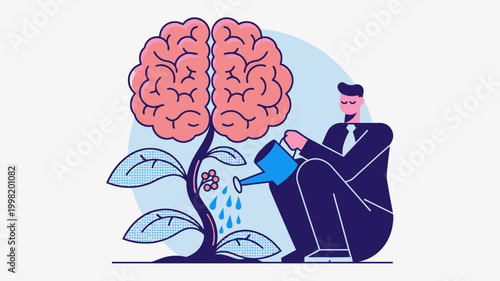 A person in a suit watering a plant with a brain as its fruit, symbolizing mental growth and development and the cultivation of knowledge.