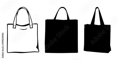 Solid black icon, white background: reusable canvas grocery bag set with simple line art design featuring line art, illustrations, graphic resources with vector and design elements