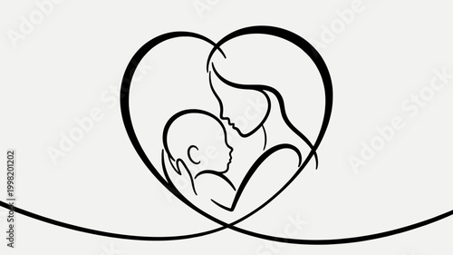 Minimalist line art drawing of a loving mother embracing her baby within a continuous heart shape, symbolizing maternal love and family bond.