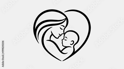 Minimalist line art illustration of a loving mother embracing her baby within a heart shape, symbolizing maternal love and care.