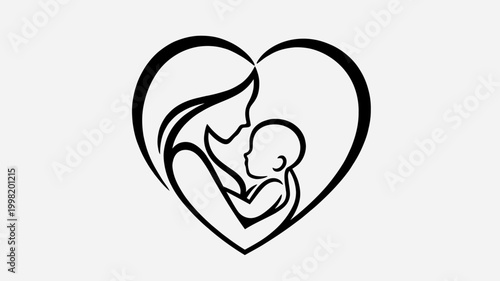 A minimalist black and white line art illustration of a mother tenderly holding her baby within a heart shape, symbolizing maternal love and care.