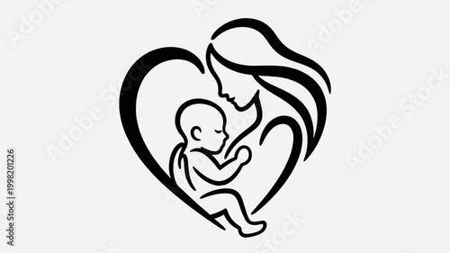 Stylized black and white line art illustration of a mother embracing her baby within a heart shape, symbolizing maternal love and care.
