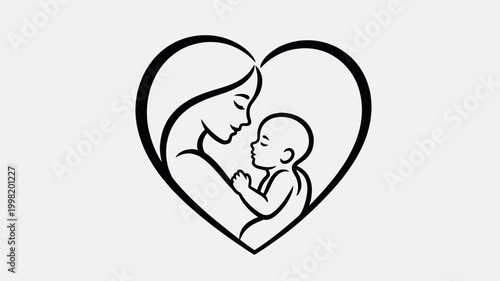 Minimalist line art illustration of a mother tenderly embracing her baby within a heart shape, symbolizing deep maternal love and family bond.