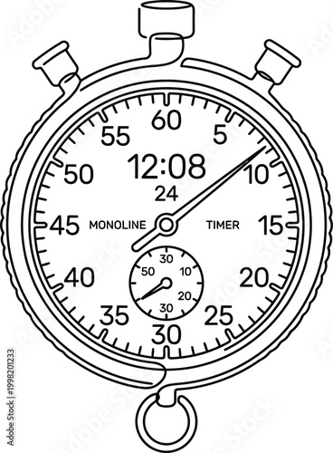 Vintage detailed stopwatch illustration detailed black and white sketch timekeeping device isolated on white background