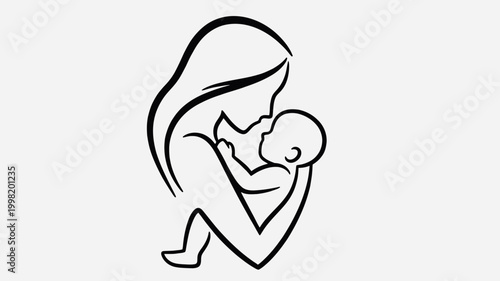 Minimalist line art illustration of a mother tenderly embracing her baby, symbolizing maternal love and bonding.
