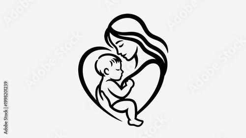 Black and white line art illustration of a mother holding her baby in a heart-shaped embrace, symbolizing maternal love and care.