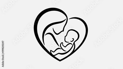 Minimalist line art illustration of a mother embracing her baby within a heart shape, symbolizing maternal love, care, and family bonding.