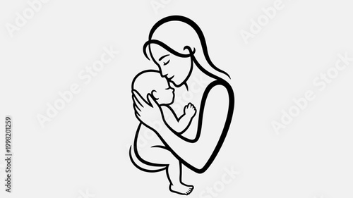 Simple line art illustration depicting a loving mother gently cradling her newborn baby, symbolizing care, affection, and maternal bond.