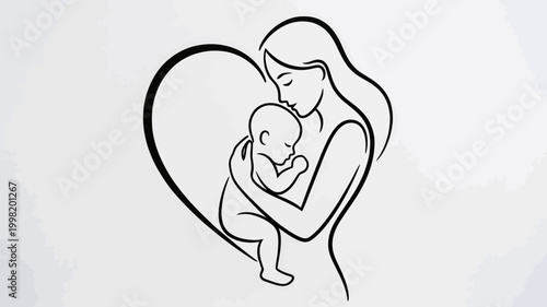 Minimalist line art illustration of a mother tenderly holding her baby within a heart shape, symbolizing maternal love and affection.