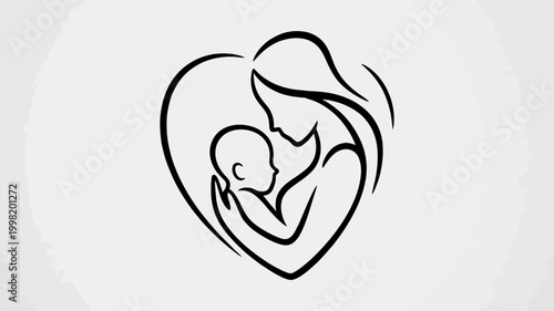 A simple, elegant line art drawing depicting a mother embracing her baby, forming a heart shape, symbolizing love and nurturing.