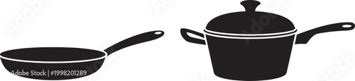 Black silhouette of a ladle and a lidded pot on a white background kitchenware cooking