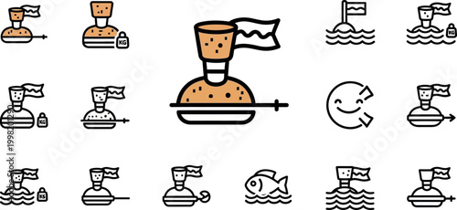 Collection of stylized depicting buoys, flags, weights, and a fish