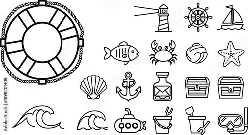 Nautical and beach themed life preserver, lighthouse, ship wheel, sailboat, fish, crab, seashell, starfish, anchor