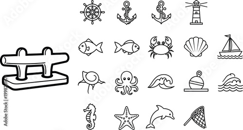 Nautical and marine life cleat, ship wheel, anchor, lighthouse, fish, crab, seashell, sailboat, octopus, waves