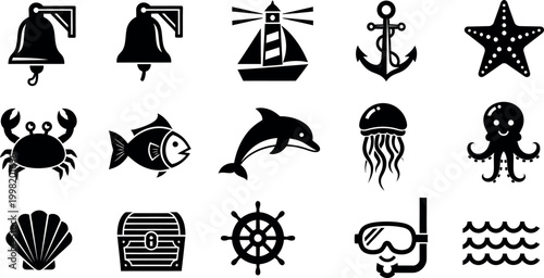 Nautical and marine life bell, lighthouse, anchor, starfish, crab, fish, dolphin, jellyfish, octopus, shell