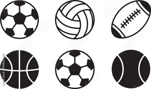 Six black and white sports balls including soccer basketball volleyball rugby and tennis