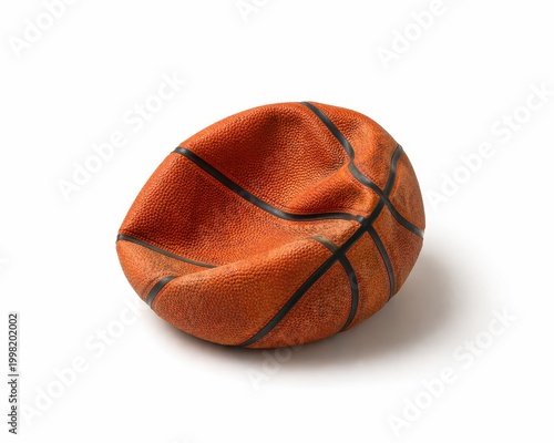 one deflated orange basketball with deep natural creases and realistic worn pebble texture on white background sports equipment failure concept soft premium studio lighting