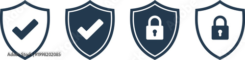 Security Shield Icon Set with Check Mark and Padlock Symbols, Safety and Protection Logotypes, Cybersecurity Concept, Modern Vector Illustrations for Digital Security and Privacy