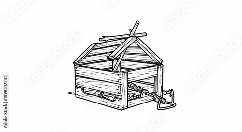 Rustic wooden structure with trap mechanism and bait