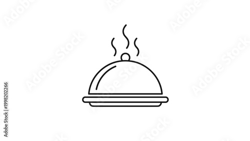 Simple black and white line icon of a professional serving cloche or food cover with hot steam rising above it.