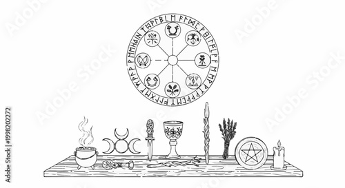Ritualistic altar with arcane symbols, cauldron, and celestial wheel