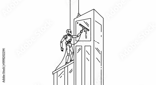 Robot cleaner on scaffolding washes window of tall building