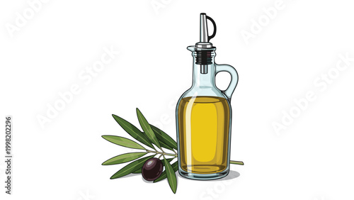 Detailed illustration of a glass bottle filled with golden olive oil next to an olive branch with one dark olive.